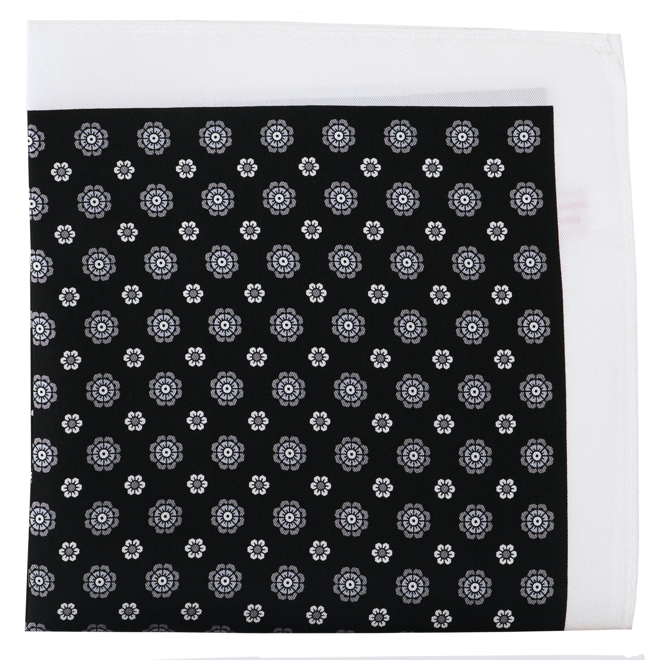 Black with White Medallion Silk Pocket Square