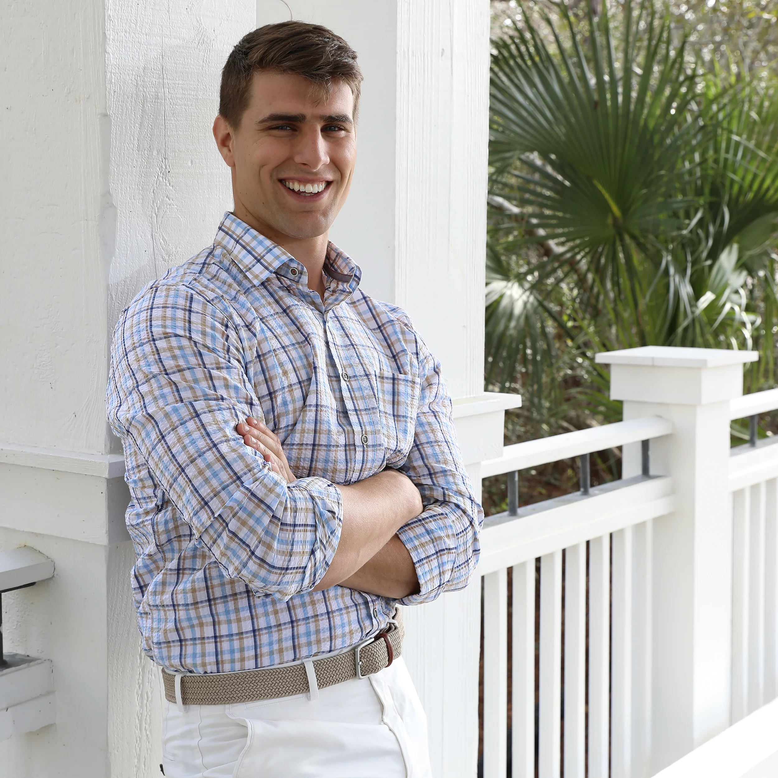 Chartres Blue & Tan Long Sleeve Check Seersucker Shirt - Image 2